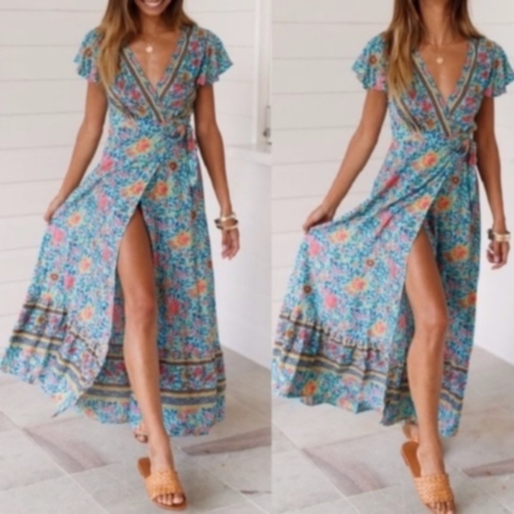 Boho Floral Print true wrap Maxi Dress v neck teal - Picture 4 of 4